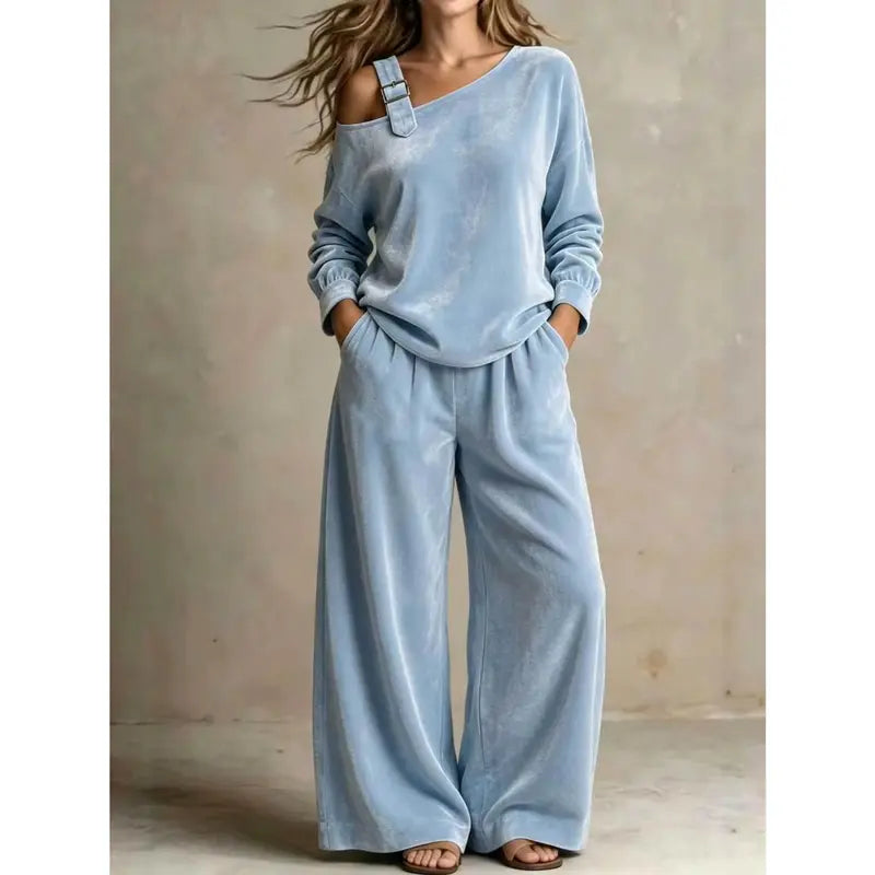 Women's Velvet One-Shoulder Top & Pants Two-Piece Set – Casual Fall Winter Lounge Outfit