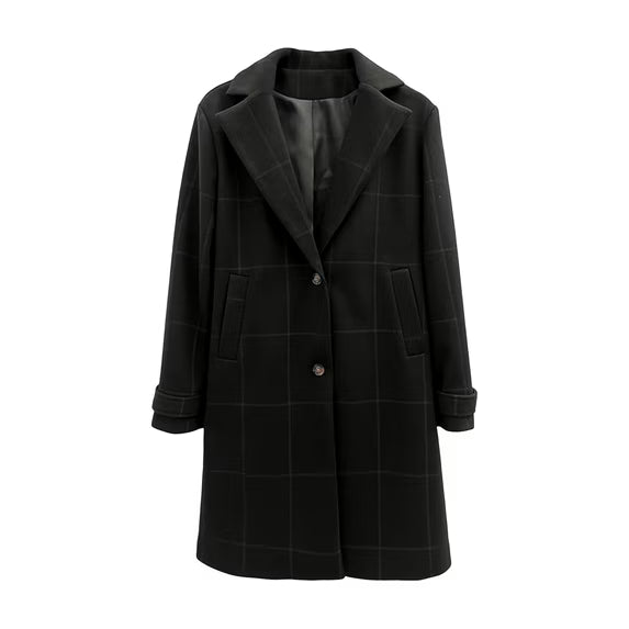 Women's Plaid Wool Blend Trench Coat – Windproof Notch Lapel Mid-Length Overcoat