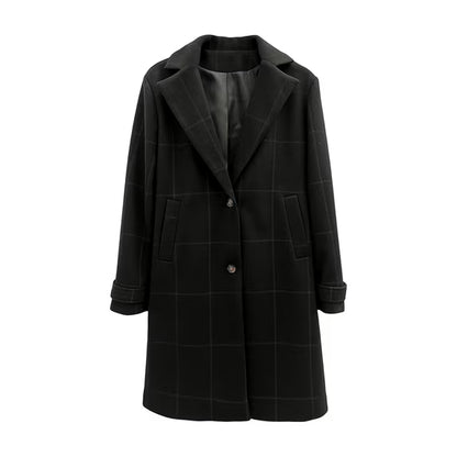 Women's Plaid Wool Blend Trench Coat – Windproof Notch Lapel Mid-Length Overcoat