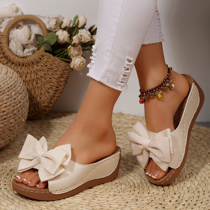 Women’s Liora Bow Flower Platform Wedge Slide Sandals – Peep-Toe Wide Strap Summer Slides