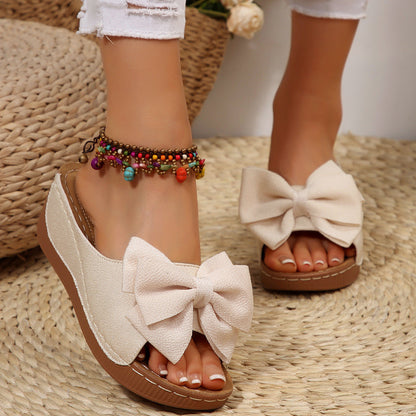Women’s Liora Bow Flower Platform Wedge Slide Sandals – Peep-Toe Wide Strap Summer Slides
