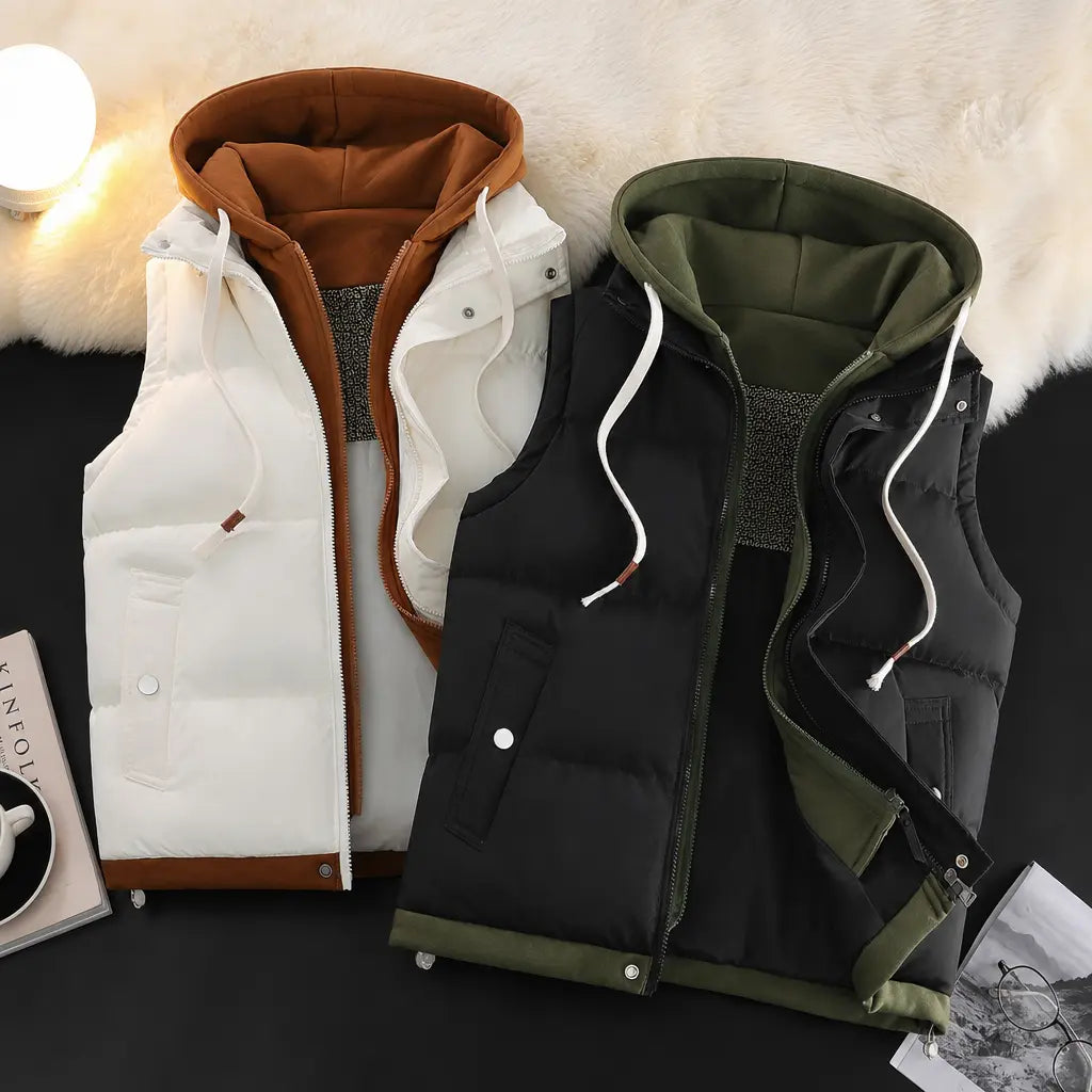 Unisex Hooded Thermal Vest — Faux Two-Piece Layered Winter Gilet