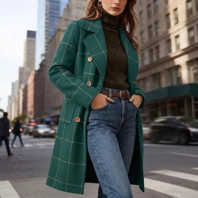 Women's Plaid Wool Blend Trench Coat – Windproof Notch Lapel Mid-Length Overcoat