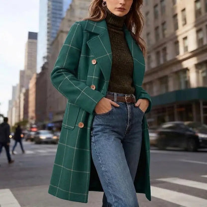 Women's Plaid Wool Blend Trench Coat – Windproof Notch Lapel Mid-Length Overcoat