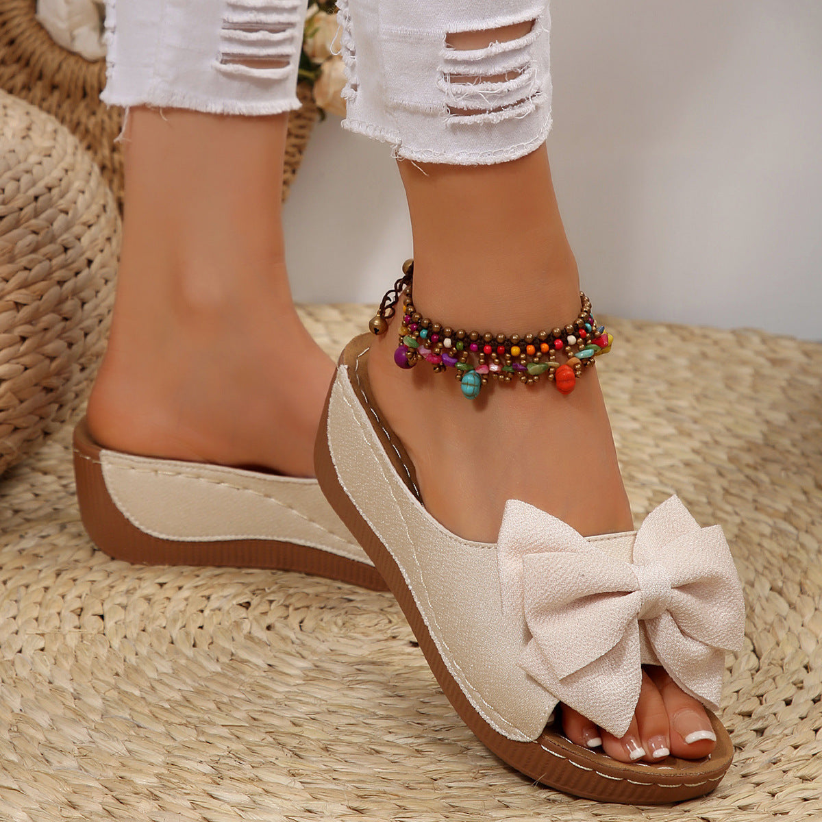 Women’s Liora Bow Flower Platform Wedge Slide Sandals – Peep-Toe Wide Strap Summer Slides