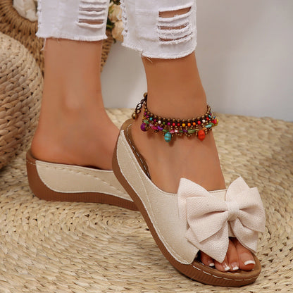 Women’s Liora Bow Flower Platform Wedge Slide Sandals – Peep-Toe Wide Strap Summer Slides
