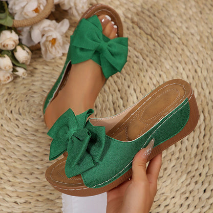 Women’s Liora Bow Flower Platform Wedge Slide Sandals – Peep-Toe Wide Strap Summer Slides