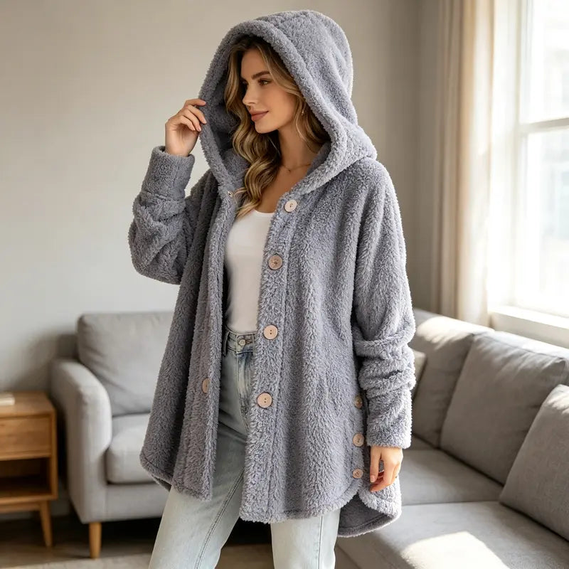 Women's Plush Round Neck Winter Coat – Thick Warm Button-Front Jacket with Asymmetric Hem