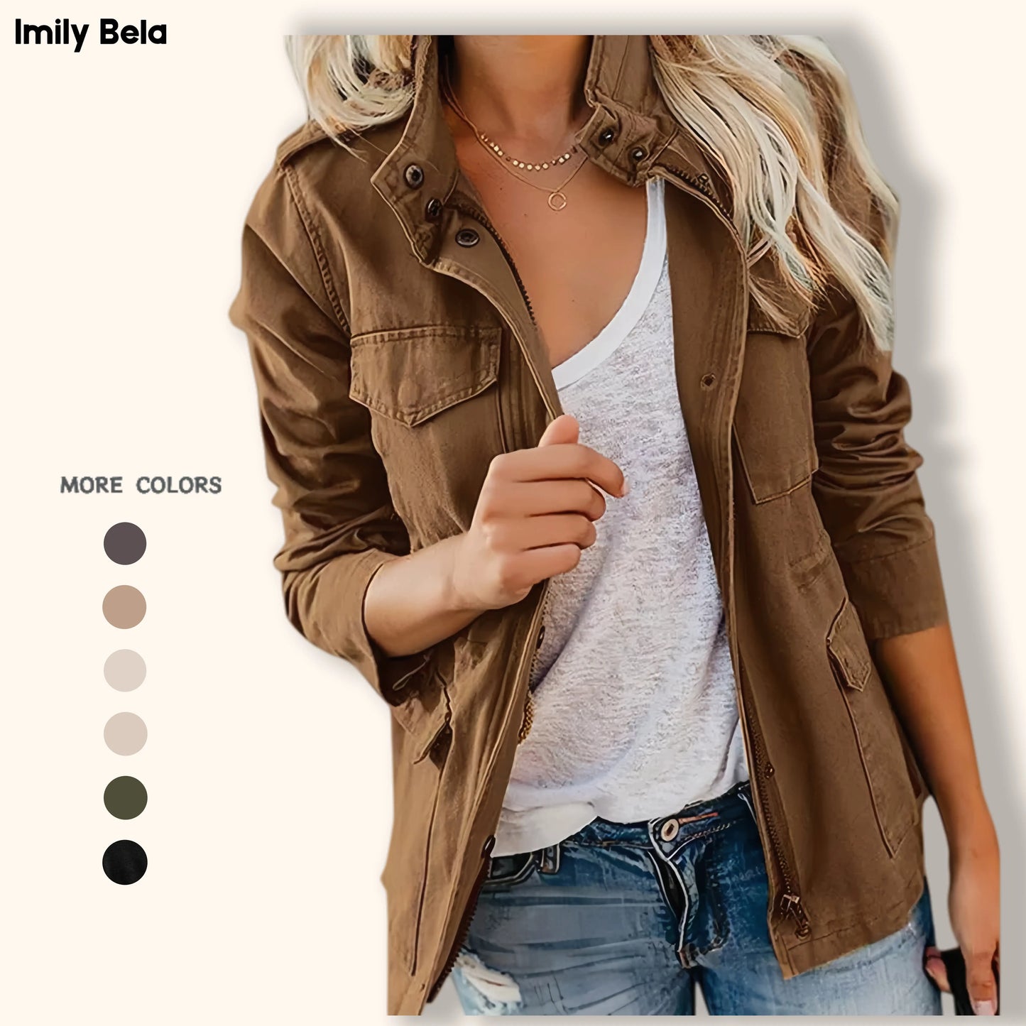 Women's Cotton Military Jacket, Lightweight Utility Field Coat with Four Flap Pockets, Hidden Zip and Adjustable Waist Drawstring, XS-XXL
