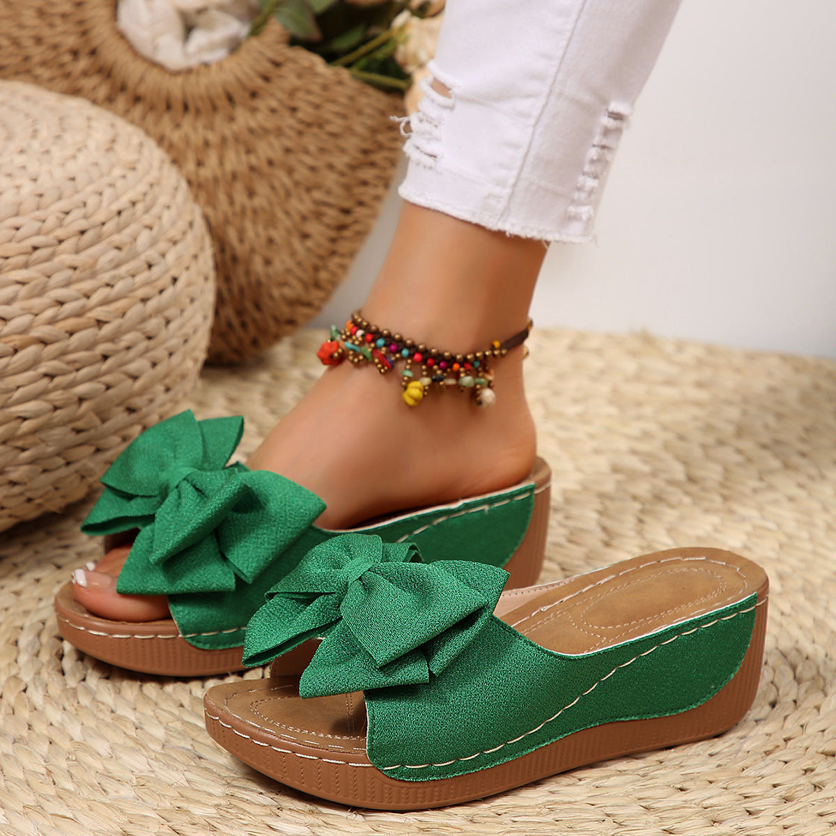 Women’s Liora Bow Flower Platform Wedge Slide Sandals – Peep-Toe Wide Strap Summer Slides