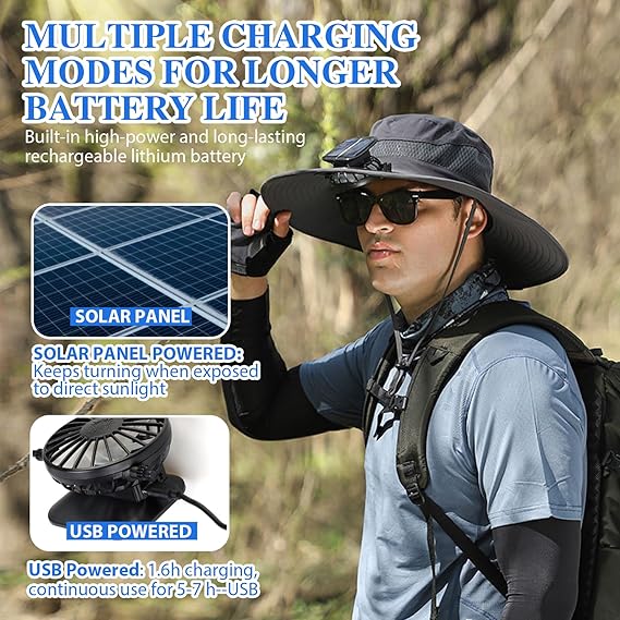 Wide Brim Solar Fan Outdoor Fishing Hat-Solar & USB Charging
