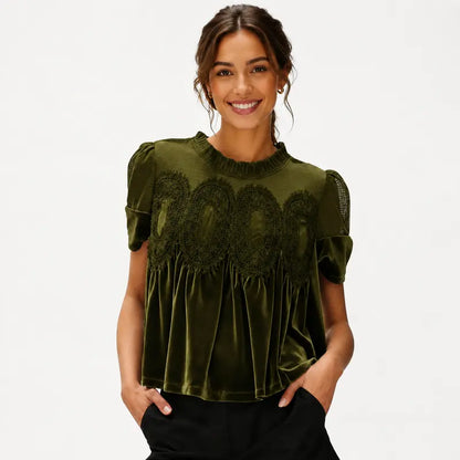 Velvet & Sheer Lace Short Sleeve Top for Women – Flowy Crewneck Swing Blouse