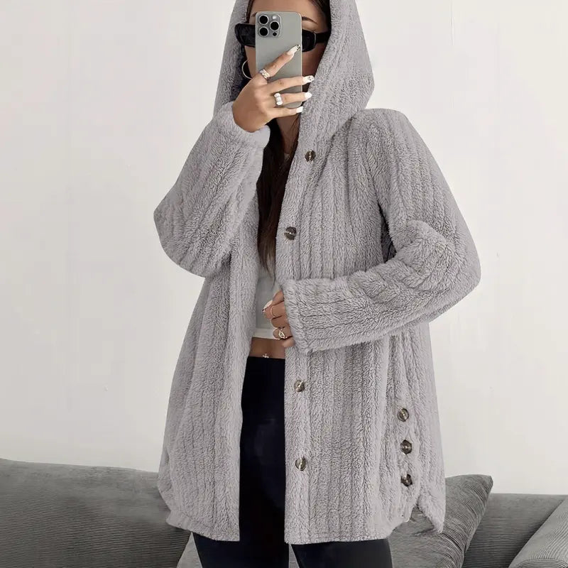 Women's Hooded Teddy Fleece Cardigan Jacket – Mid-Length Plush Coat with Button Front & Side Slits, Relaxed Fit Fall/Winter Outerwear