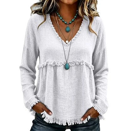 Women’s Boho V Neck Long Sleeve Fringe Top Plus Size S-3XL