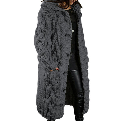 Women's Oversized Cable Knit Hooded Long Cardigan – Button-Front Sweater Coat, Plus Size S–5XL