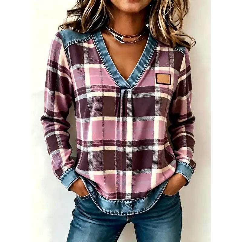 Colorblock Plaid V-Neck Long Sleeve Top — Faux Denim Patchwork Print, S–6XL