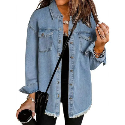 Washed Denim Shirt Jacket — Oversized Frayed-Hem Denim Overshirt