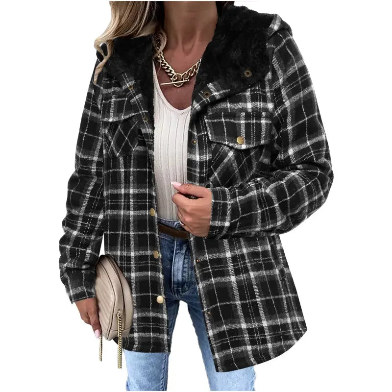 Women's Plaid Shacket Jacket - Hooded & Warm