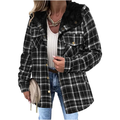 Women's Plaid Shacket Jacket - Hooded & Warm