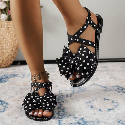 Vintage Polka Dot Large Bow Flat Sandals