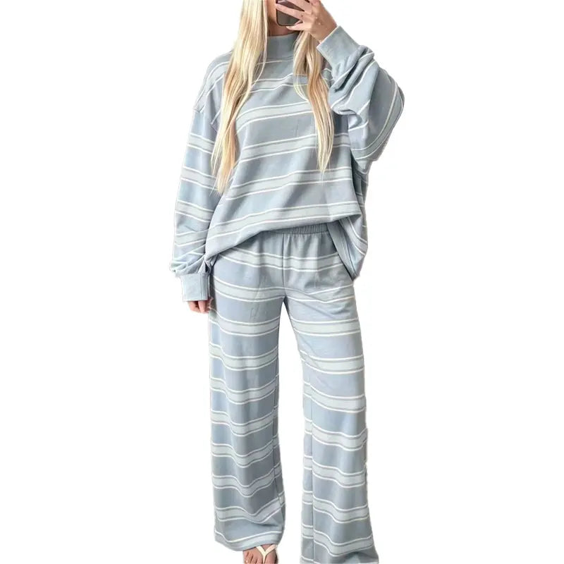 Women's Striped 2 Piece Set – Oversized Mock Neck Top & Wide Leg Pants