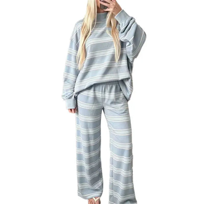 Women's Striped 2 Piece Set – Oversized Mock Neck Top & Wide Leg Pants