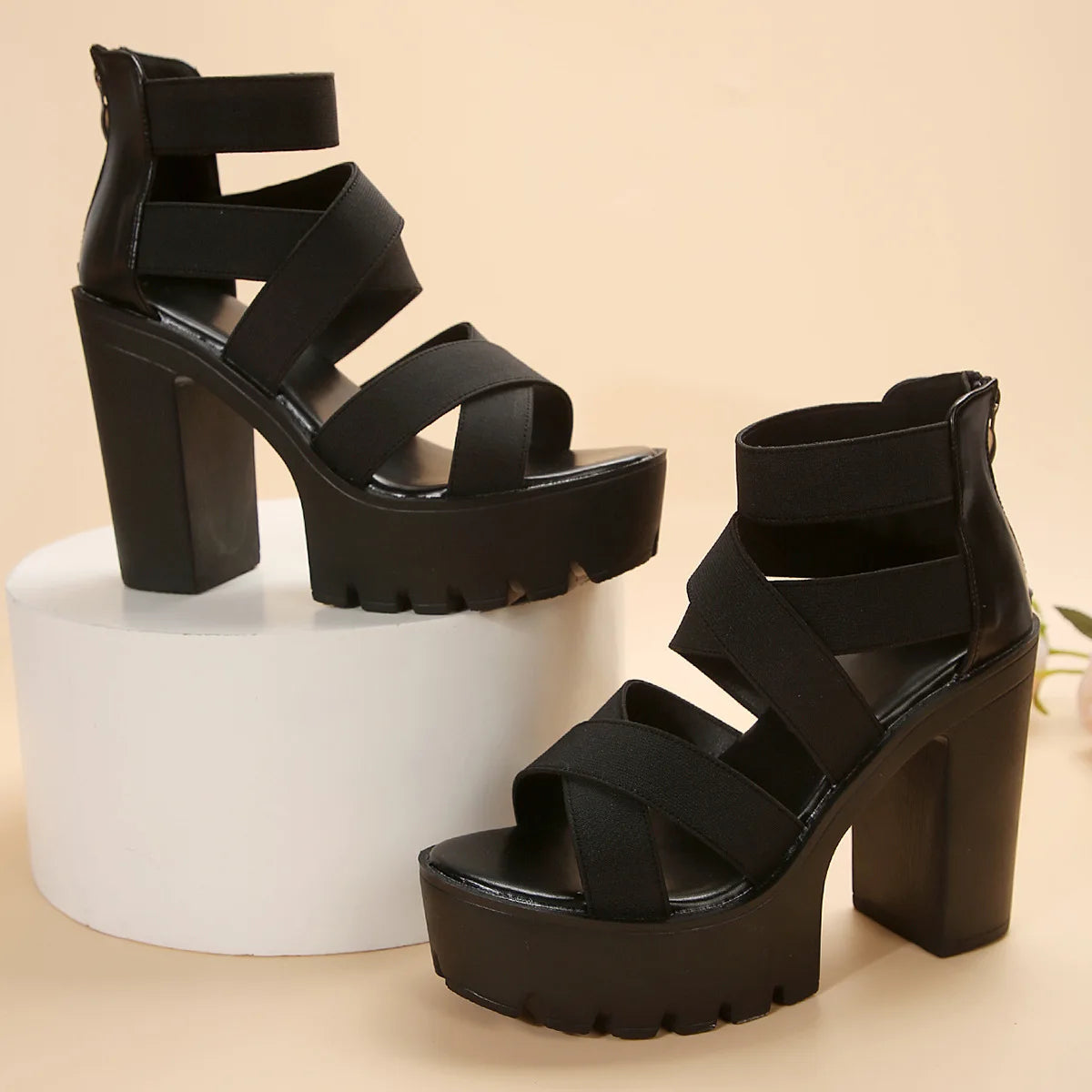 Black Chunky Heel Sandals With Strappy Design
