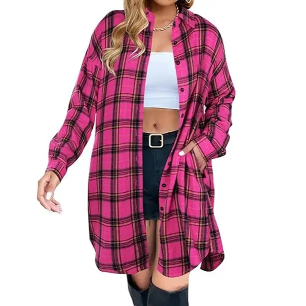 Women's Plaid Flannel Shacket — Button-Down Collared Long Jacket