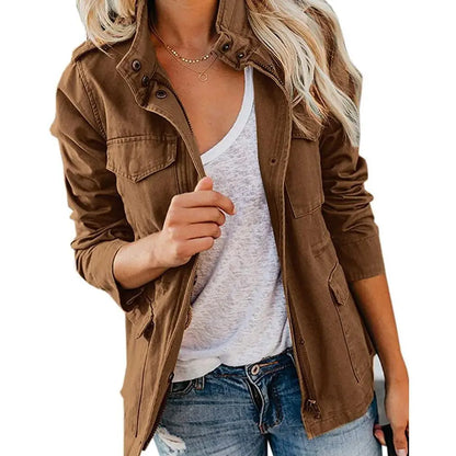 Women's Cotton Military Jacket, Lightweight Utility Field Coat with Four Flap Pockets, Hidden Zip and Adjustable Waist Drawstring, XS-XXL