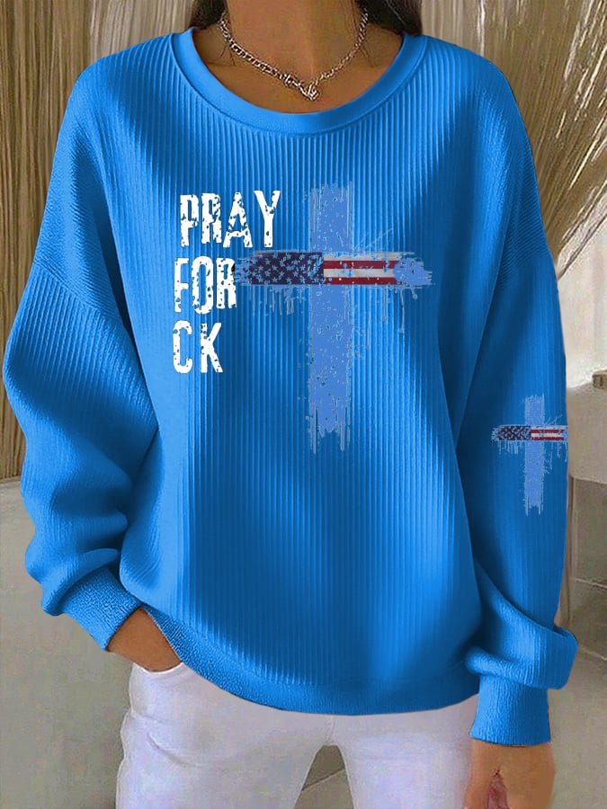 Women's Pray for Charlie  Print Knit Crew Neck Long Sleeve Top