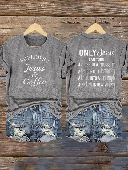 Women's Faith Consciousness God Jesus Coffee Cross V Neck Printed T-shirt Top
