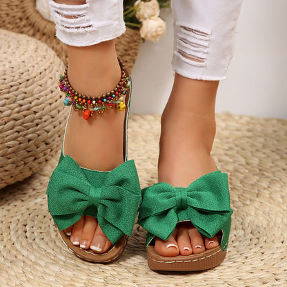Women’s Liora Bow Flower Platform Wedge Slide Sandals – Peep-Toe Wide Strap Summer Slides