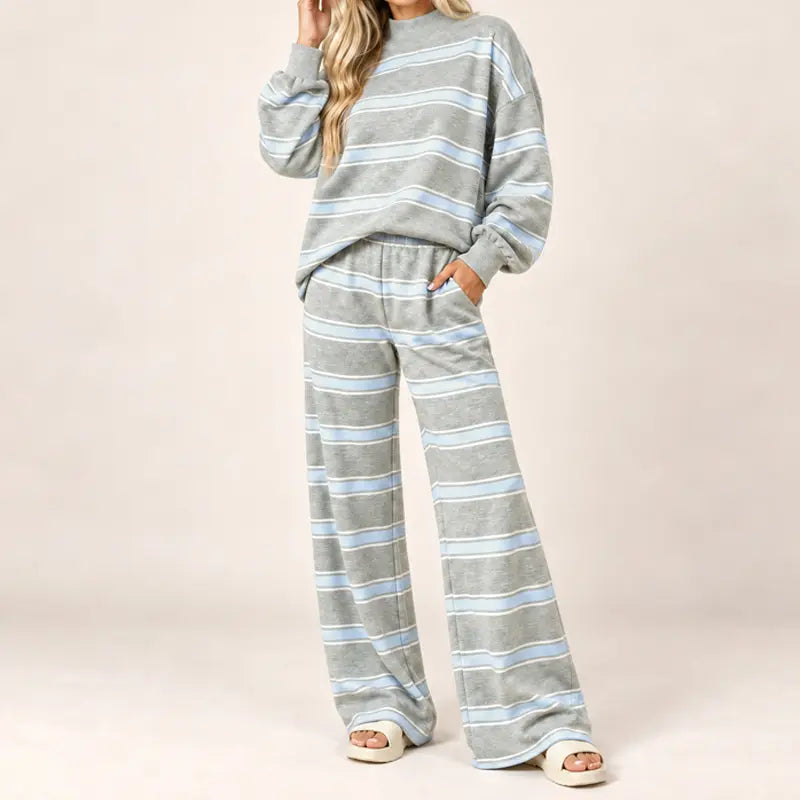 Women's Striped 2 Piece Set – Oversized Mock Neck Top & Wide Leg Pants