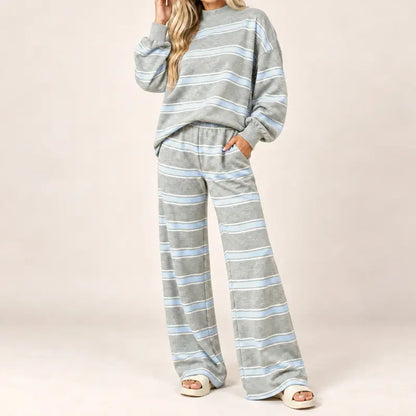 Women's Striped 2 Piece Set – Oversized Mock Neck Top & Wide Leg Pants