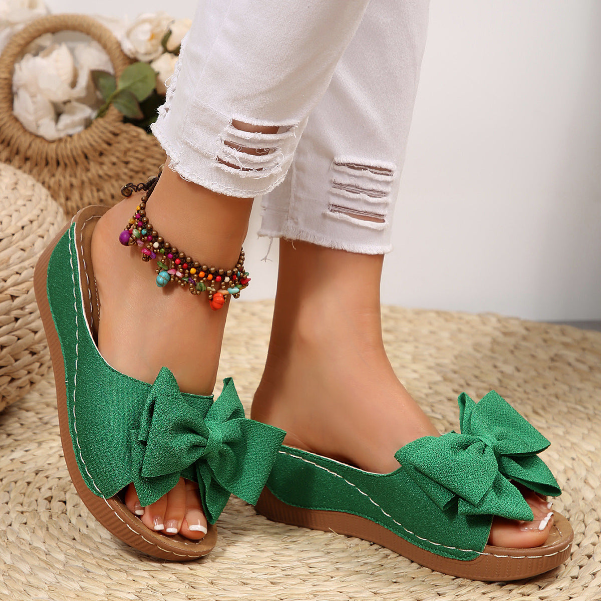 Women’s Liora Bow Flower Platform Wedge Slide Sandals – Peep-Toe Wide Strap Summer Slides
