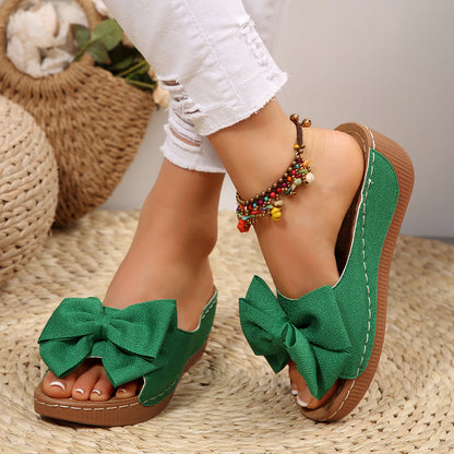 Women’s Liora Bow Flower Platform Wedge Slide Sandals – Peep-Toe Wide Strap Summer Slides