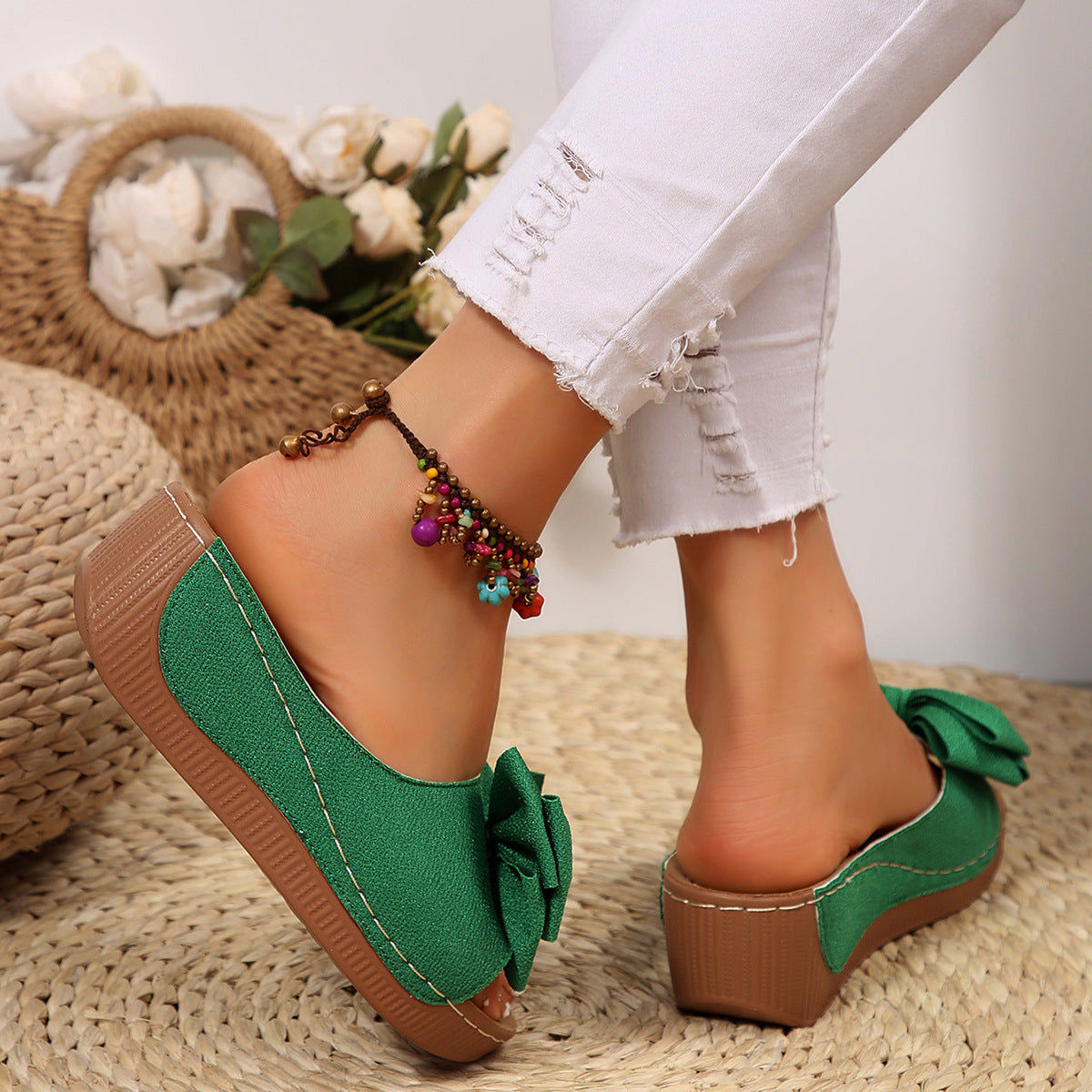 Women’s Liora Bow Flower Platform Wedge Slide Sandals – Peep-Toe Wide Strap Summer Slides