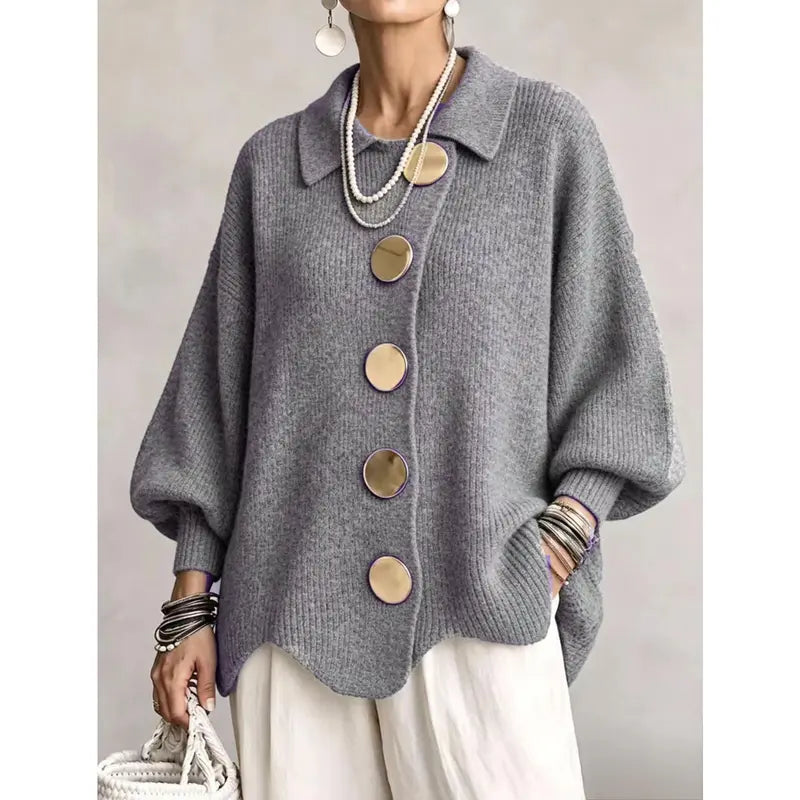 Women's French Lapel Knit Cardigan – Loose Sweater Coat with Big Metal Buttons & Lantern Sleeves