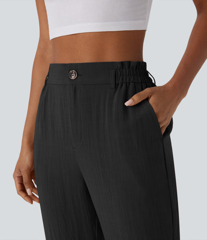 High Waisted Button Zipper Side Pocket Capri Resort Linen-Feel Pants