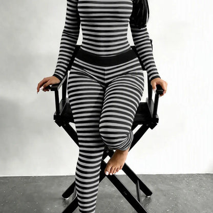 Women's Striped Pajama Set – Slim-Fit Long Sleeve Top & Fold-Over Waist Pants Loungewear