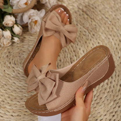 Women’s Liora Bow Flower Platform Wedge Slide Sandals – Peep-Toe Wide Strap Summer Slides