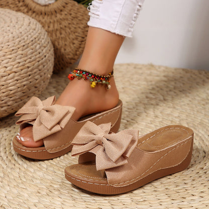 Women’s Liora Bow Flower Platform Wedge Slide Sandals – Peep-Toe Wide Strap Summer Slides
