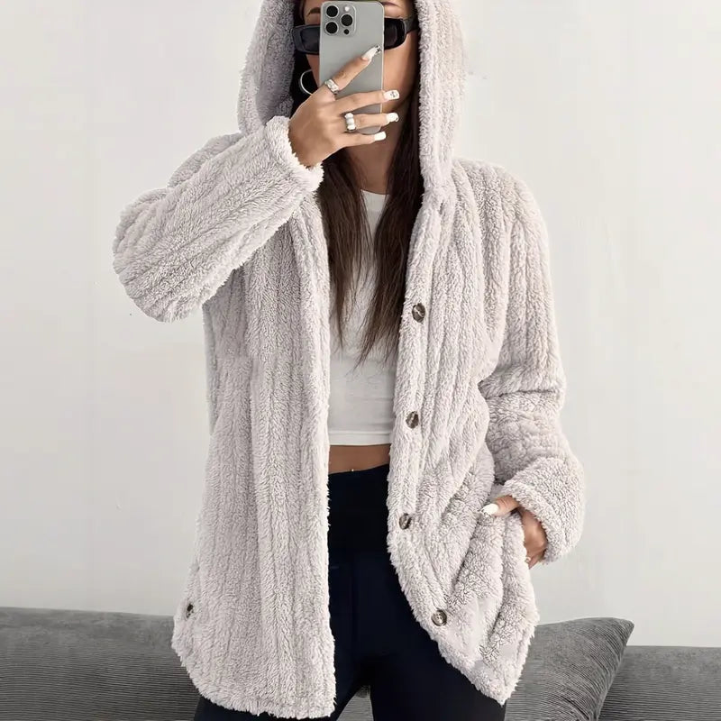 Women's Hooded Teddy Fleece Cardigan Jacket – Mid-Length Plush Coat with Button Front & Side Slits, Relaxed Fit Fall/Winter Outerwear