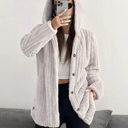 Women's Hooded Teddy Fleece Cardigan Jacket – Mid-Length Plush Coat with Button Front & Side Slits, Relaxed Fit Fall/Winter Outerwear