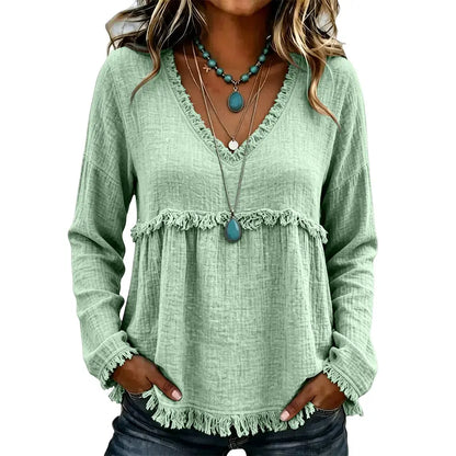 Women’s Boho V Neck Long Sleeve Fringe Top Plus Size S-3XL