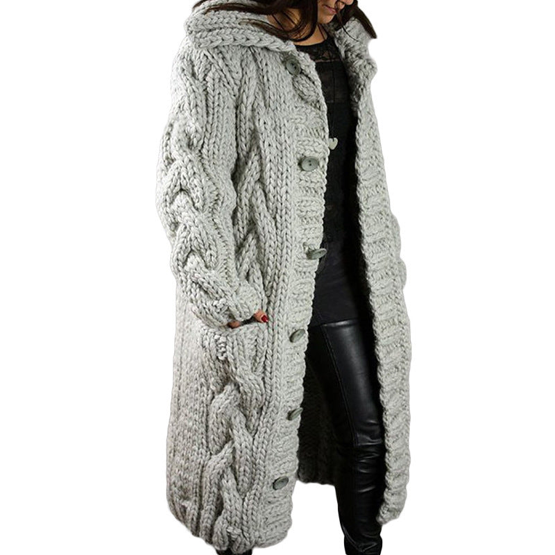 Women's Oversized Cable Knit Hooded Long Cardigan – Button-Front Sweater Coat, Plus Size S–5XL
