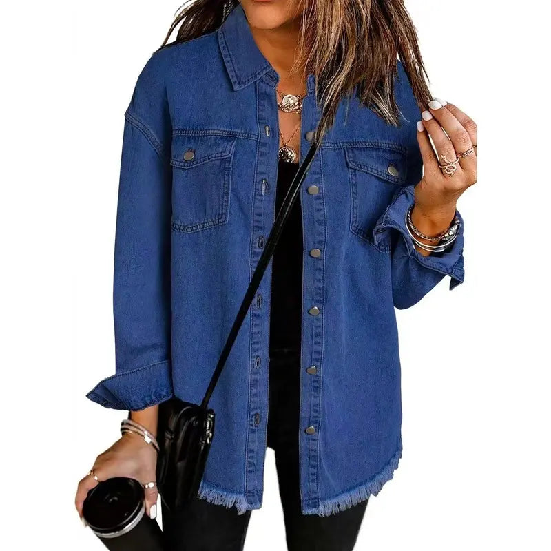 Washed Denim Shirt Jacket — Oversized Frayed-Hem Denim Overshirt
