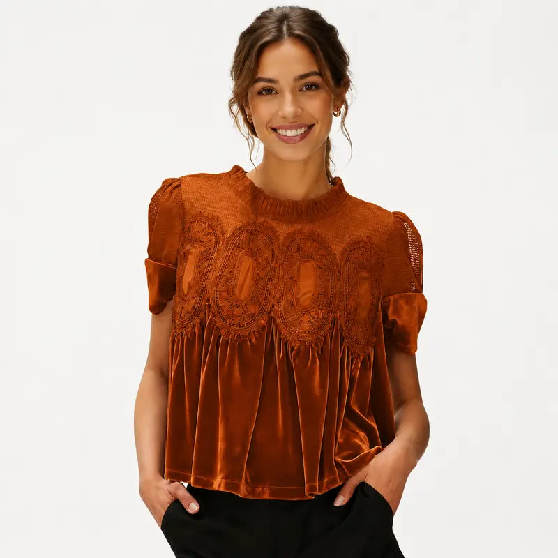 Velvet & Sheer Lace Short Sleeve Top for Women – Flowy Crewneck Swing Blouse