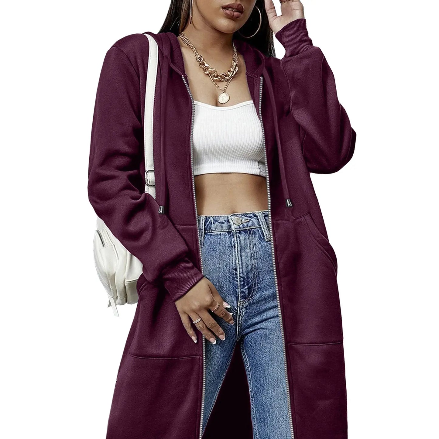 Women's Long Fleece Hoodie Tunic Jacket