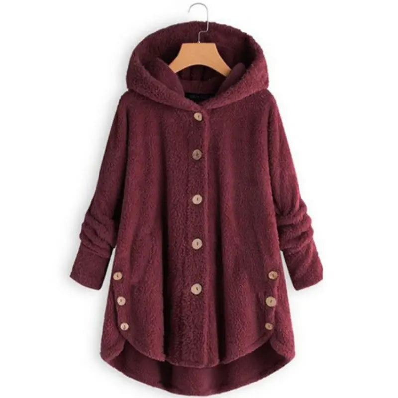 Women's Plush Round Neck Winter Coat – Thick Warm Button-Front Jacket with Asymmetric Hem